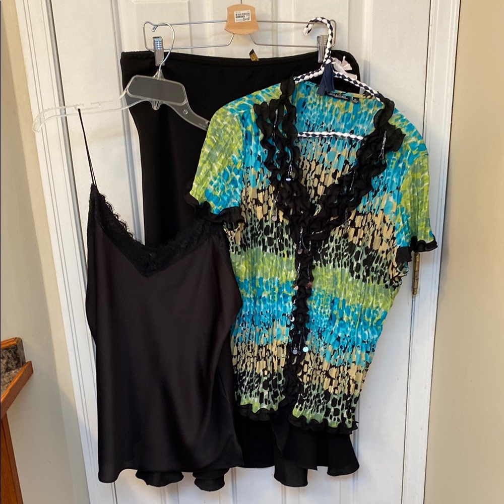 Colorful Ruffled Blouse, Camisole and Black Skirt Set